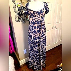 Gorgeous For Love and Lemons embroidered sheer maxi dress with nude body suit.